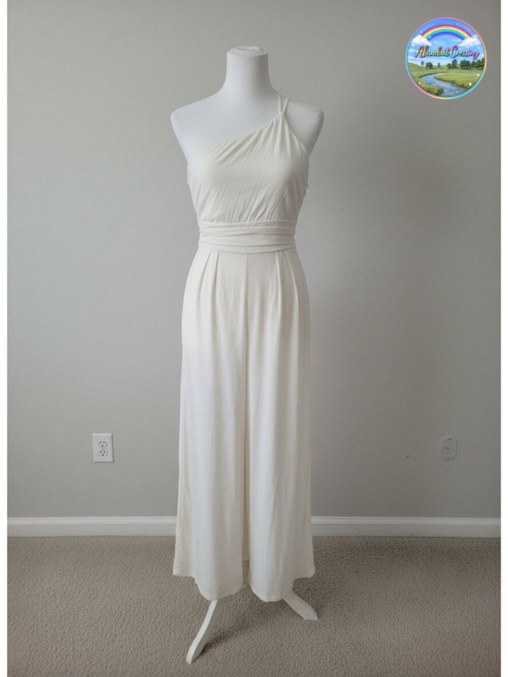 Linen One Shoulder Wide Leg Jumpsuit Pleated Waist High Waist Ankle Length